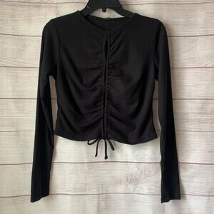Wild Fable Black Crop Top Shirt with Keyhole Front Tie String Long Sleeves Small